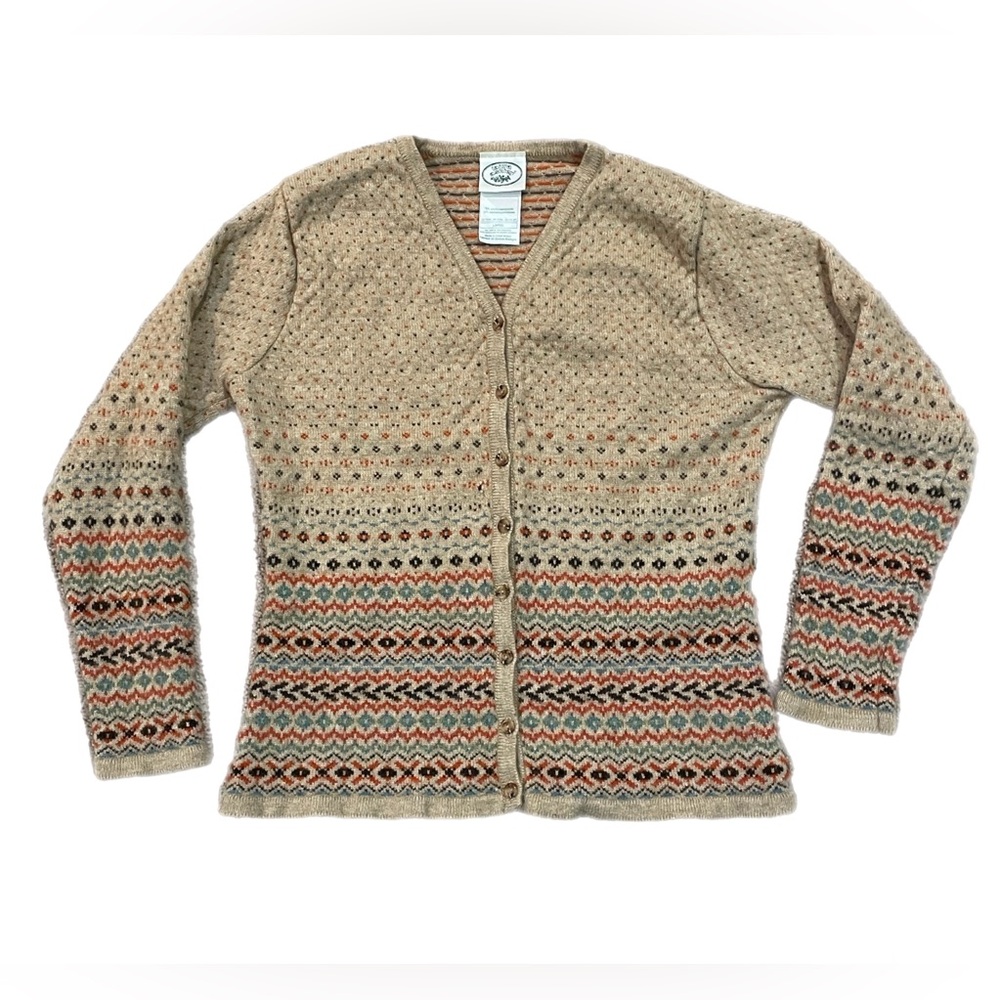 Vtg Faire Isle Geometric Pattern Beige Wool blend cardigan Scandi Sweater L